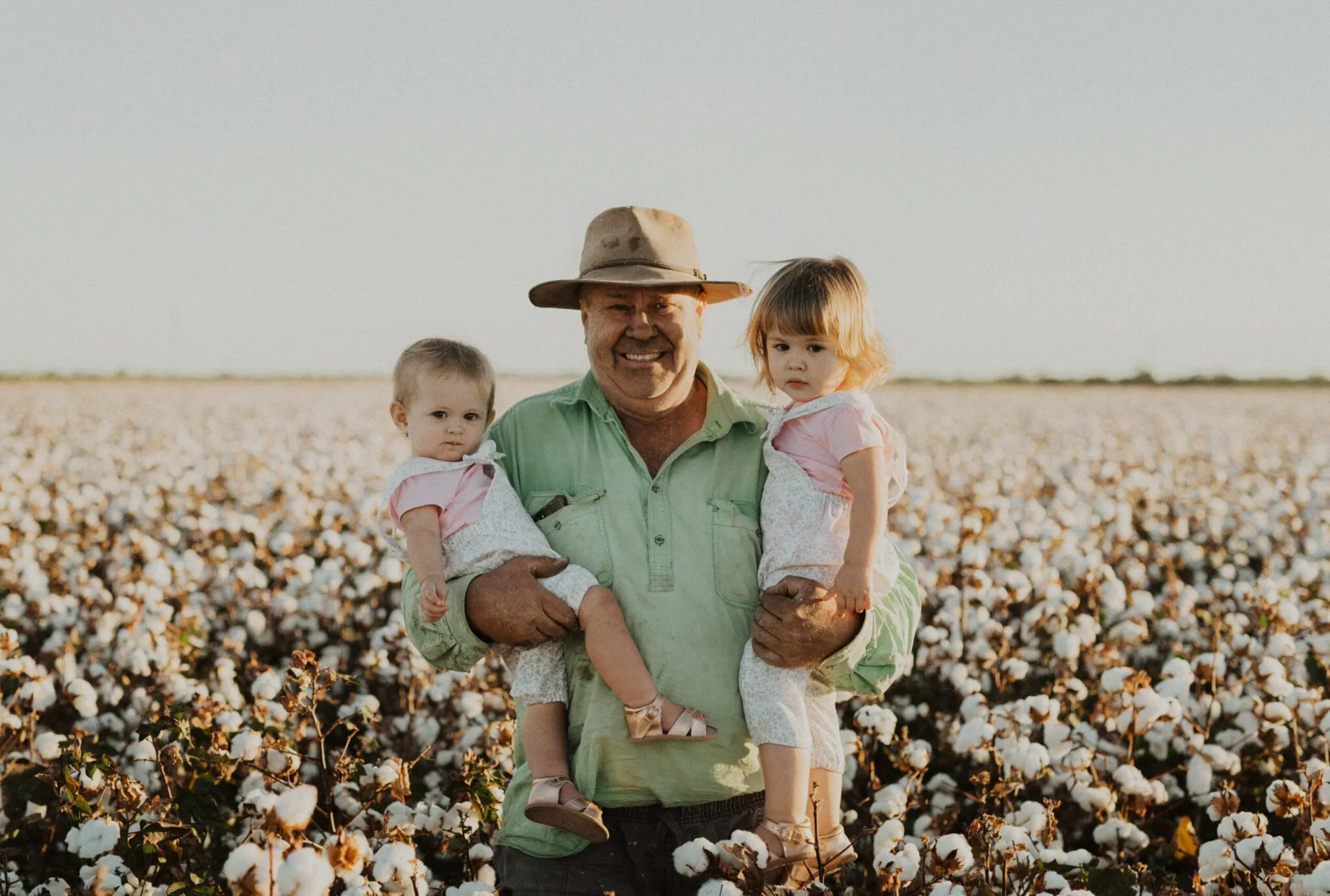 A man carrying two small children through a cotton crop in flower